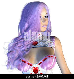 Rendering digitalmente illustrazione di una ragazza di San Valentino con i capelli viola su sfondo bianco. Foto Stock