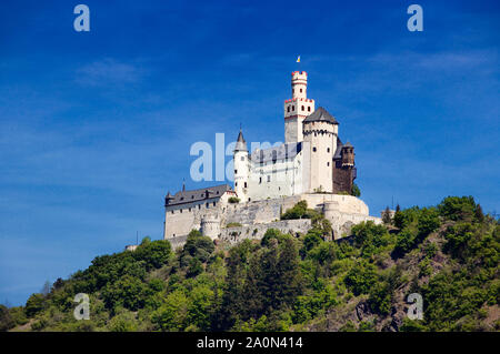 Castello il Marksburg sopra il fiume Reno, Renania, Germania, Europa Foto Stock