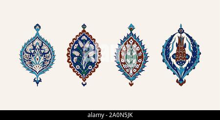 Set di 4 elementi di Iznik. Vettore tradizionale turca floreali blu cobalto dei motivi. Elementi per il tuo design. Illustrazione Vettoriale