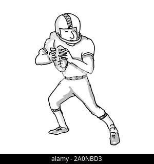 Lo stile del fumetto illustrazione di un giocatore di football americano fatto in bianco e nero isolato su sfondo bianco Foto Stock