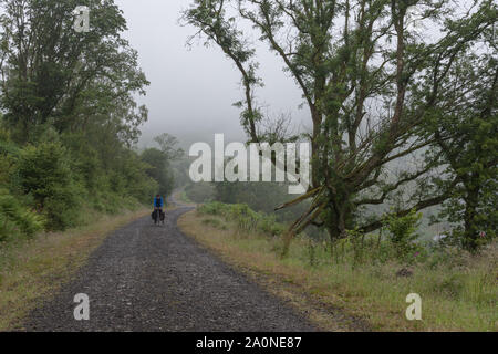 Una touring ciclista scorre attraverso il Brecon Beacons sulla ex Brecon e Merthyr linea ferroviaria, ora parte del ciclo nazionale di instradamento di rete 8. Foto Stock