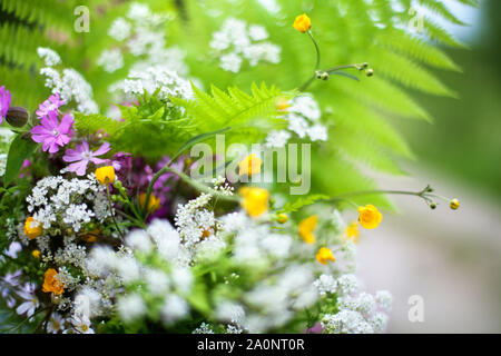 Campo verde bouquet di foglie di felce, molti diversi piccoli bianco, giallo, viola fiori selvatici sfondo sfocato vicino, erbe e fiori Foto Stock