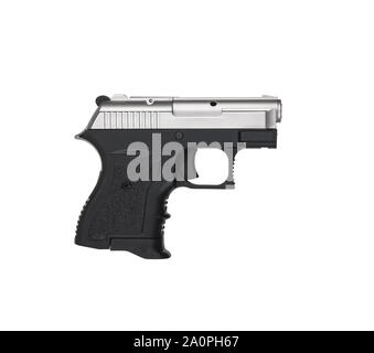 Nero-argento moderno pistola gun isolare su uno sfondo bianco. Una piccola arma per autodifesa. L'arma perfetta per le donne. Foto Stock