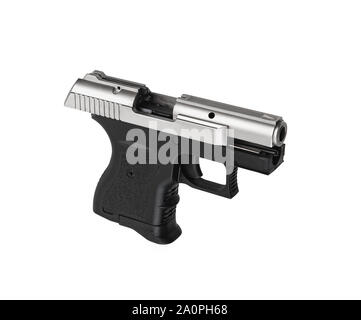 Nero-argento moderno pistola gun isolare su uno sfondo bianco. Una piccola arma per autodifesa. L'arma perfetta per le donne. Foto Stock