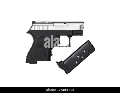 Nero-argento moderno pistola gun isolare su uno sfondo bianco. Una piccola arma per autodifesa. L'arma perfetta per le donne. Foto Stock