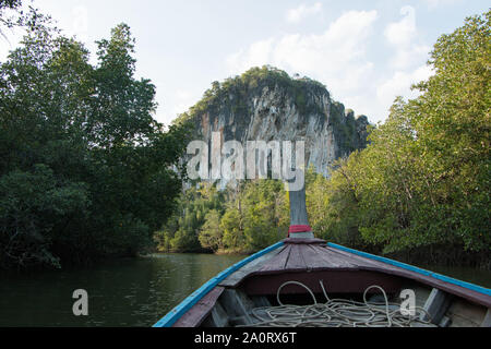 Ampio angolo di paesaggio di Longtail viaggio in barca attraverso Krabi foreste di mangrovie,montagne carsiche,,Krabi Krabi provincia,Thailandia Foto Stock