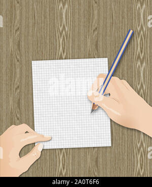 Femmina con mano la scrittura a matita su un foglio bianco di carta. Foto Stock