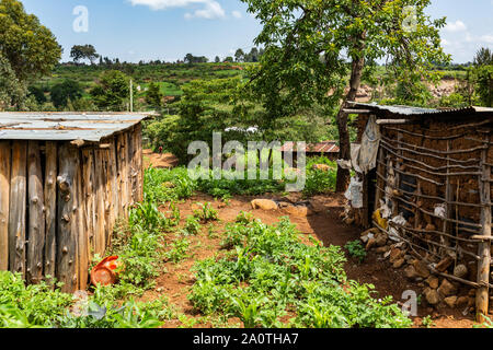 Paesaggio di colore fotografia di sparse abitazioni di fortuna tra la lussureggiante vegetazione e colture, prese nel villaggio Kangaita, Meru County, in Kenya. Foto Stock