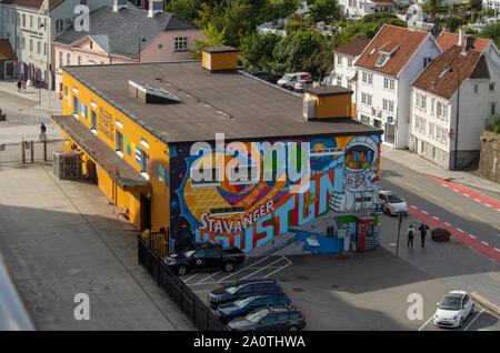 'Stavanger Houston' spazio graffiti sul porto ufficio a Stavanger, Norvegia Foto Stock