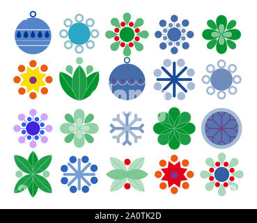 Set di vacanze icone a tema che includono albero di Natale ornamenti, fiocchi di neve e altri astratti decorazioni geometriche. Foto Stock