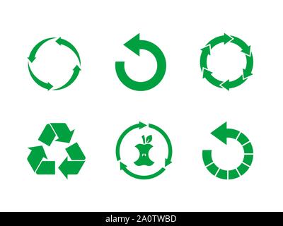 Verde segno di riciclo impostato su sfondo bianco. Il riutilizzo,rinnovare,compost I rifiuti alimentari,concetto.simbolo di riciclaggio vector set.raccolta di 6 diverse icone di riciclaggio Illustrazione Vettoriale