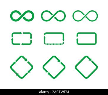 Set di icone differenti che rappresentano il riciclaggio e la circolazione. Simbolo di riciclaggio segno set. Loop infinito icona. Rombo con le frecce. Rettangolo con frecce Illustrazione Vettoriale