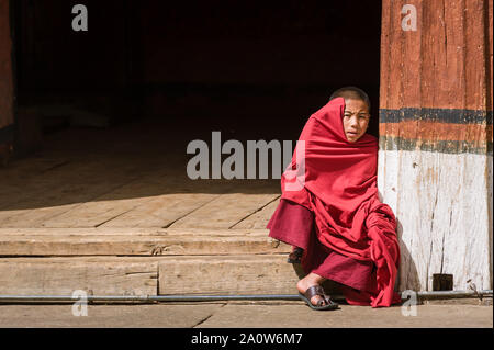 Paro, Bhutan, 01 Nov 2011: giovane monaco schermatura dalle sole caldo a Rinpung Dzong. Foto Stock