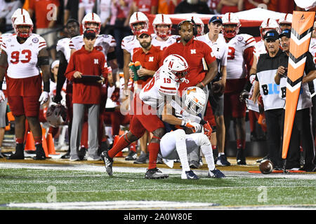 Champagne, Illinois, Stati Uniti d'America. Xxi Sep, 2019. Sicurezza Dismuke Marquel (19) del Nebraska Cornhuskers in azione durante il NCAA Football gioco tra l'Illinois vs Nebraska presso il Memorial Stadium di champagne, Illinois. Dean Reid/CSM/Alamy Live News Foto Stock