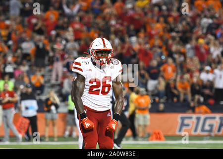 Champagne, Illinois, Stati Uniti d'America. Xxi Sep, 2019. Running back Dedrick Mills (26) del Nebraska Cornhuskers in azione durante il NCAA Football gioco tra l'Illinois vs Nebraska presso il Memorial Stadium di champagne, Illinois. Dean Reid/CSM/Alamy Live News Foto Stock