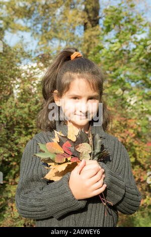 Carino ragazza in un cardigan detiene un autunno bouquet di varie foglie. Foto Stock