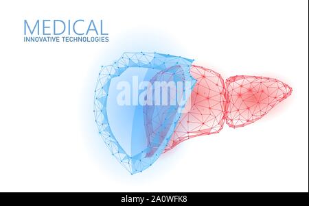 Fegato umano protezione 3d scudo medicina basso concetto di poly. Triangolo rosso farmacia farmacia sfondo. Vettore di ricostruzione di recupero supplementare Illustrazione Vettoriale