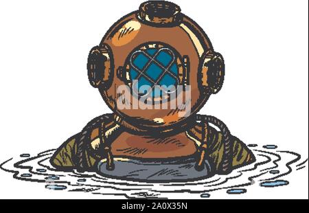 Retrò deep sea diver in metallo casco. isolare su sfondo bianco. La Pop art illustrazione vettoriale disegno Illustrazione Vettoriale