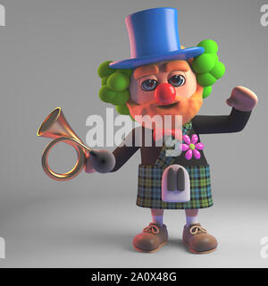 Funny cartoon 3d uomo scozzese in kilt indossando un clown naso rosso e in possesso di una vecchia auto di corno, 3D render illustrazione Foto Stock