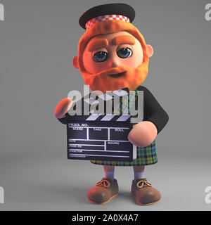 Cartoon 3d rosso barbuto uomo scozzese in kilt e sporran tenendo un filmato di ardesia, 3D render illustrazione Foto Stock
