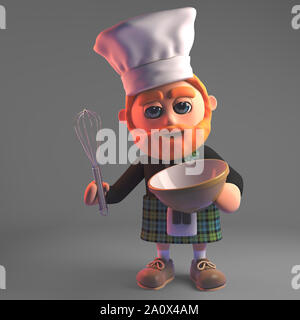 3D fumetto rosso barbuto uomo scozzese in kilt miscelazione di una torta con una frusta, 3D render illustrazione Foto Stock