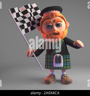 Uomo scozzese in kilt sventolare la bandiera a scacchi, 3D render illustrazione Foto Stock