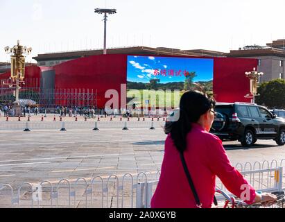 Preparativi per il 70° anniversario della celebrazione della Dichiarazione della Repubblica popolare Cinese il 1° ottobre, Piazza Tiananmen Pechino, Cina Foto Stock