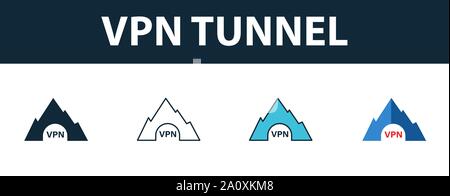 Tunnel VPN icon set. Quattro simboli semplici in diversi stili dalla raccolta di icone. Creative tunnel VPN icone riempito, del contorno colorato e simboli di Piana Illustrazione Vettoriale