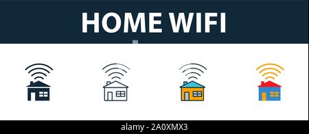 Home Wifi icon set. Quattro simboli semplici in diversi stili dalla raccolta di icone. Creative home icone wifi riempito, del contorno colorato e simboli di Piana Illustrazione Vettoriale