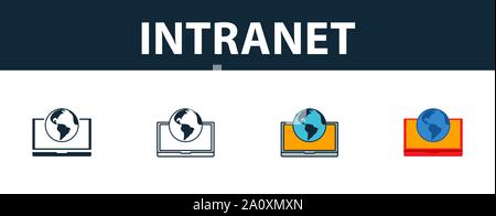 Icona intranet impostata. Quattro simboli semplici in diversi stili dalla raccolta di icone. Creative icone intranet riempito, del contorno colorato e simboli di Piana Illustrazione Vettoriale