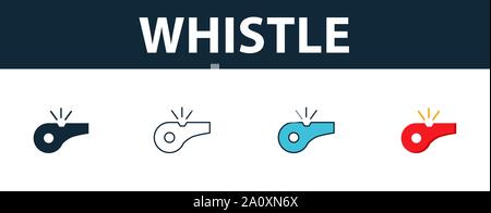 Whistle icon set. Quattro simboli semplici in diversi stili da attrezzature sportive raccolta di icone. Creative icone fischietto riempito, bordato e colorato Illustrazione Vettoriale