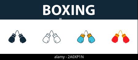 Boxing Icona set. Quattro simboli semplici in diversi stili da attrezzature sportive raccolta di icone. Creative icone di inscatolamento riempito, contorno, colorata e piatto Illustrazione Vettoriale