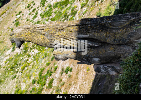 Dogubayazıt, Turchia: vista dalla terrazza del Oriel in camera il Ishak Pasha Palace, dettagli delle travi di legno composto da uomo, Lion e eagle Foto Stock