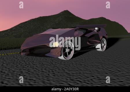 Nero auto sportiva nelle luci del tramonto, rendering 3D Foto Stock