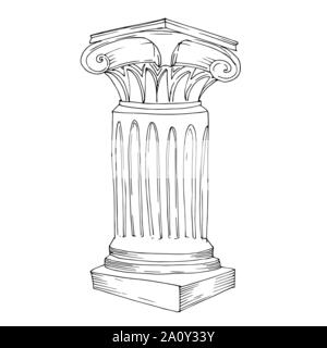 Vettore greco antico colonne. Bianco e nero inchiostro inciso art. Isolato antica illustrazione elemento su sfondo bianco. Illustrazione Vettoriale