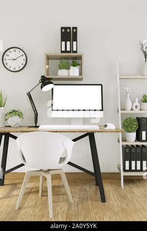 Mock up computer con schermo vuoto e decorazione in camera Ufficio mock up sfondo.il rendering 3D Foto Stock
