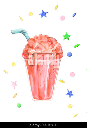 Illustrazione disegnata da acquerello dolciumi gelati cocktail in un bicchiere con una cannuccia su un bianco sfondo isolato Foto Stock