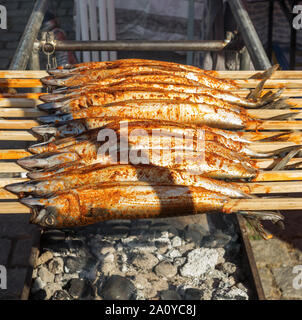 Carni grigliate di pesce sgombro sul bastone di legno. Spiedini di pesce. Naplavka street market alimentare. Foto Stock