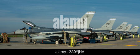 Stati Uniti Air Force aviatori assegnati al 121 Fighter Squadron, 113ala, Distretto di Columbia, Air National Guard, preparare F-16C Fighting Falcons per il decollo a Lask Air Base, Polonia, 20 settembre 2019. Il aviatori e F-16s condotti bilaterali di formazione al fianco dei loro alleati polacco a rafforzare i loro sforzi di dissuasione e le capacità adattative migliorando la disponibilità e la reattività. (U.S. Air Force foto di Airman 1. Classe Kyle Cope) Foto Stock