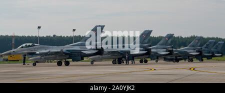 Stati Uniti Air Force F-16C Fighting Falcon i piloti assegnati al 121 Fighter Squadron, 113ala, Distretto di Columbia, Air National Guard e polacco F-16 piloti preparare per condurre corsi di formazione bilaterali a Lask Air Base, Polonia durante la rotazione dell'aviazione 19.4, 20 settembre 2019. Gli aeromobili degli Stati Uniti ed aviatori hanno partecipato in aviazione rotazioni in Polonia dal 2012 come parte di un continuo sforzo per dimostrare l'impegno degli Stati Uniti per la sicurezza collettiva e la dedizione di una pace durevole e la stabilità nella regione. (U.S. Air Force foto di Airman 1. Classe Kyle Cope) Foto Stock