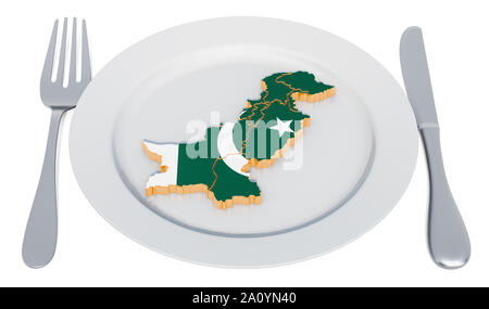 Cucina pakistana concetto. Piastra con mappa del Pakistan. Il rendering 3D Foto Stock