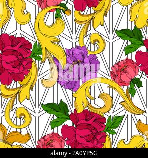 Vettore monogramma dorato ornamenti floreali. Il barocco elementi isolati. Bianco e nero inchiostro inciso art. Perfetta configurazione di sfondo. Tessuto wallpa Illustrazione Vettoriale