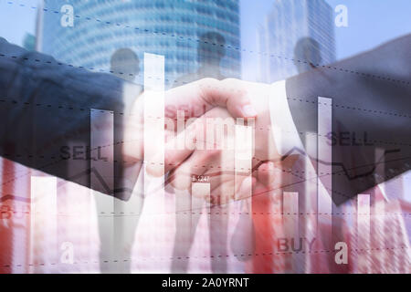 Financial stock trading grafico schema grafico della finanza aziendale concetto doppia esposizione media misti. Foto Stock