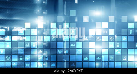 Abstract digitali pixel di sfondo icone sfocate moderna sala server. La tecnologia di telecomunicazione internet Iot di cosa di concetto Foto Stock