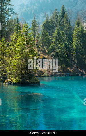 Il lago Blausee, Svizzera, catturato nella primavera del 2019 Foto Stock