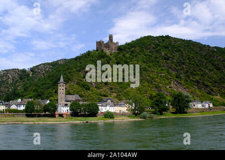 Il castello di Maus in Deuernburg, Germania nel centro valle del Reno Foto Stock