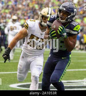 Seattle Seahawks wide receiver Lockett Tyler (16) Si ritiene che le catture di una n 8-cantiere touchdown contro i New Orleans Saints durante il primo trimestre al campo CenturyLink Domenica, Settembre 22, 2019 a Seattle, Washington. New Orleans Saints battere i Seattle Seahawks 33-27 a Seattle Foto di Jim Bryant/UPI Foto Stock