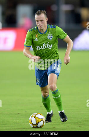 Washington, DC, Stati Uniti d'America. Il 22 settembre, 2019. 20190922 - Seattle sirene defender Brad Smith (11) porta la palla in campo contro D.C. Uniti nella seconda metà in campo Audi a Washington. Credito: Chuck Myers/ZUMA filo/Alamy Live News Foto Stock