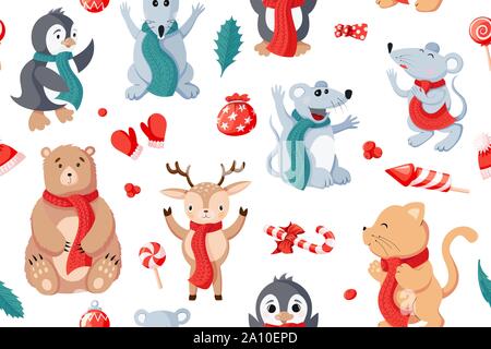 Seamless pattern di Natale sfondo con gli animali e gli attributi per le vacanze Illustrazione Vettoriale