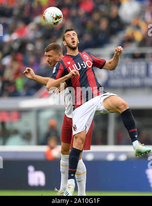 Bologna, Italia. Il 22 settembre, 2019. Roma's Edin Dzeko (L) vies del Bologna Mattia Bani durante una serie di una partita di calcio tra Bologna e Roma a Bologna, Italia, Sett. 22, 2019. Credito: Alberto Lingria/Xinhua Foto Stock